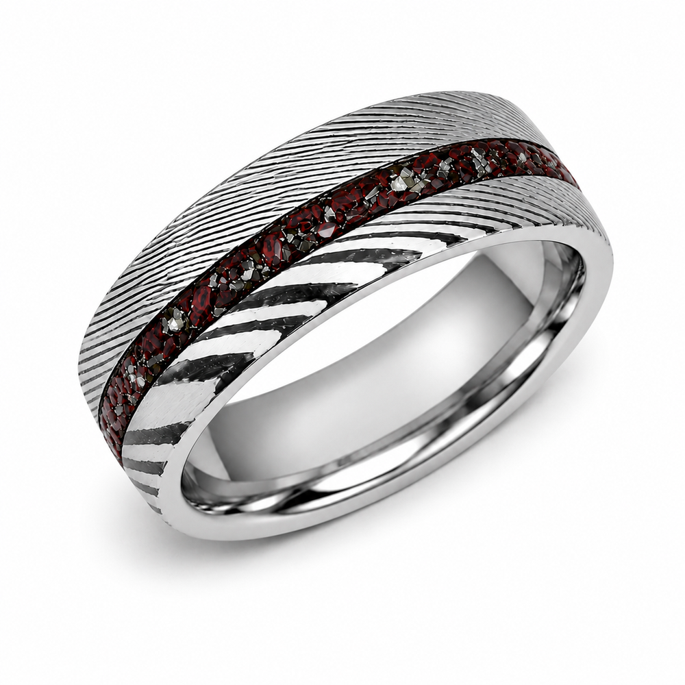 The Phantom | Damascus Steel Ring with Genuine Meteorite Inlay | 8mm