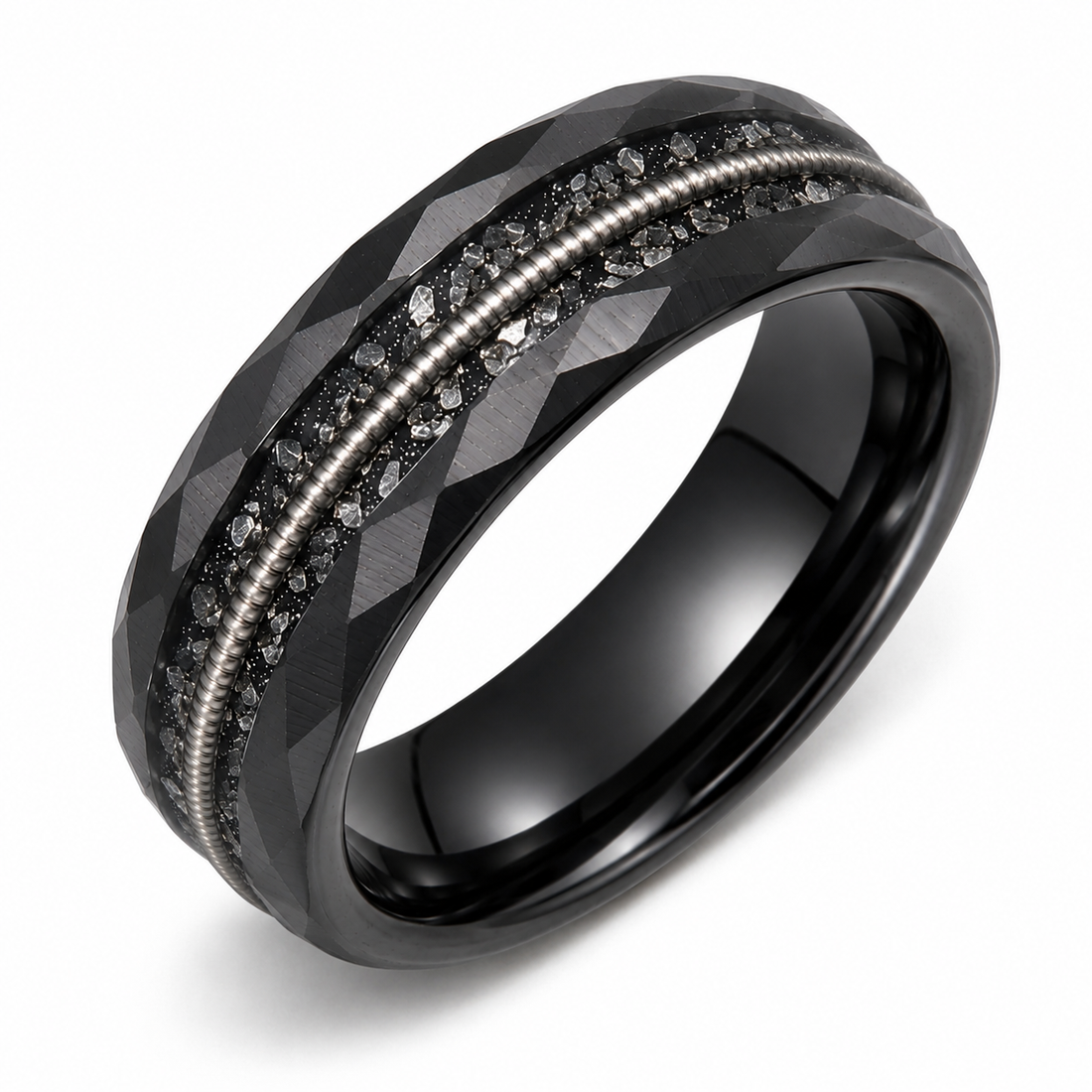 The Onyx | Black Tungsten Wedding Band with Guitar String Inlay, Classic Groove & Hammered Finish | 8mm