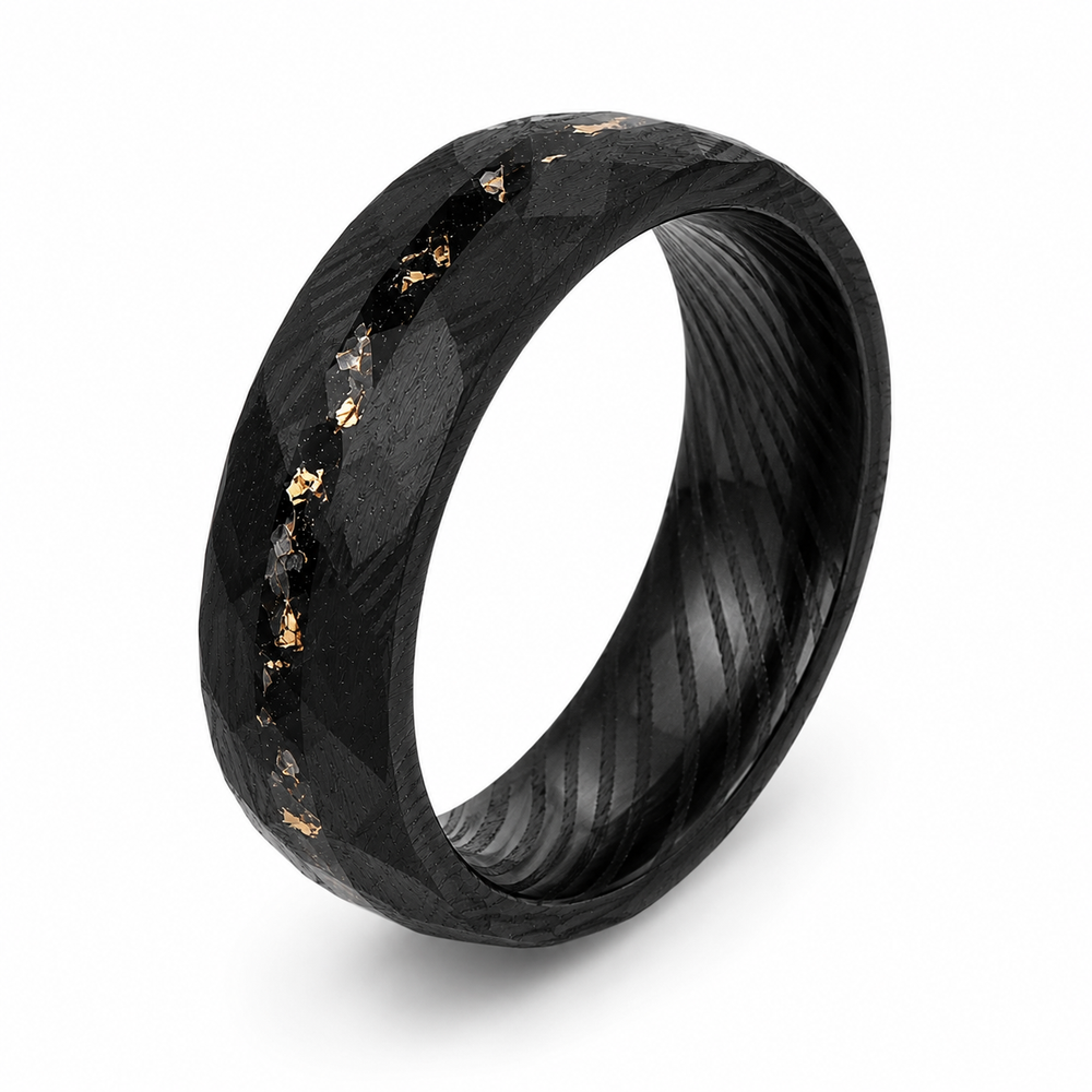 The Imperial Ember | Damascus Ring with Genuine Meteorite & Gold Inlay | 6mm, 8mm