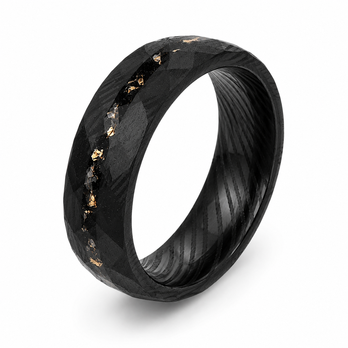 The Imperial Ember | Damascus Ring with Genuine Meteorite & Gold Inlay | 6mm, 8mm
