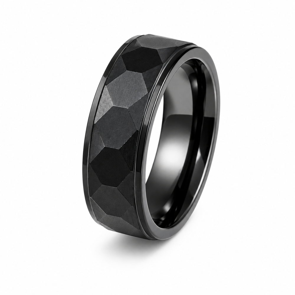 THE BLACKSTONE | Faceted Black Tungsten Wedding Ring