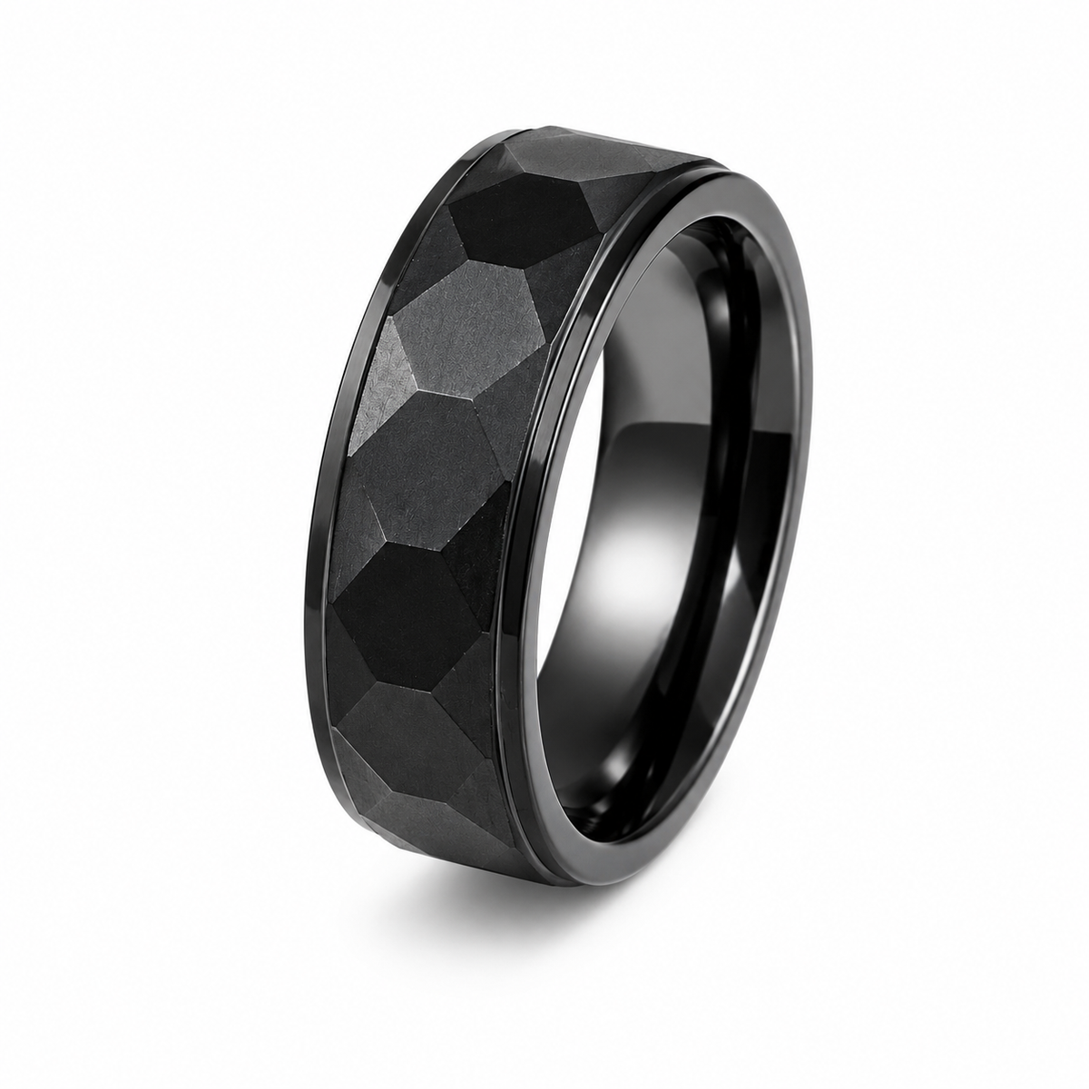 THE BLACKSTONE | Faceted Black Tungsten Wedding Ring