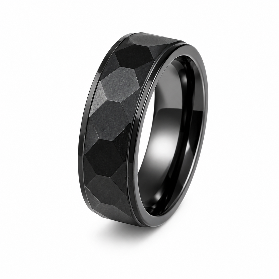 THE BLACKSTONE | Faceted Black Tungsten Wedding Ring