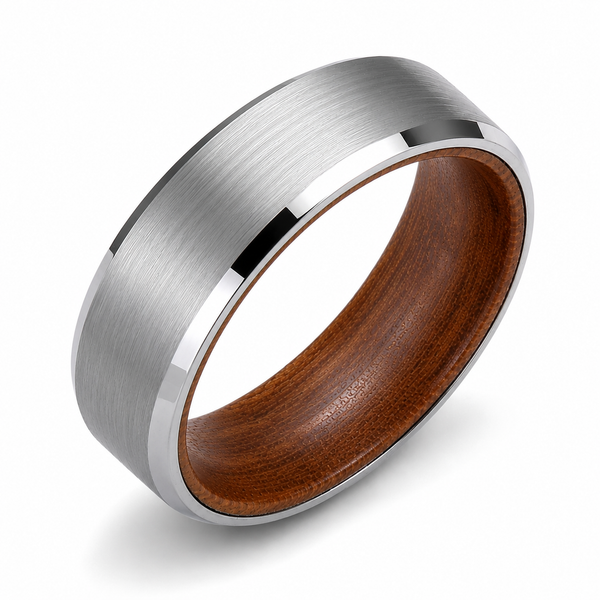 The Cooper | Whiskey Barrel Wood & Brushed Silver Tungsten Ring | 6mm, 8mm