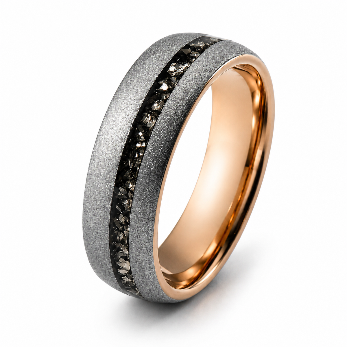 The Eventide| Blasted Tungsten Ring with Meteorite Inlay & 18K Rose Gold Interior | 8mm