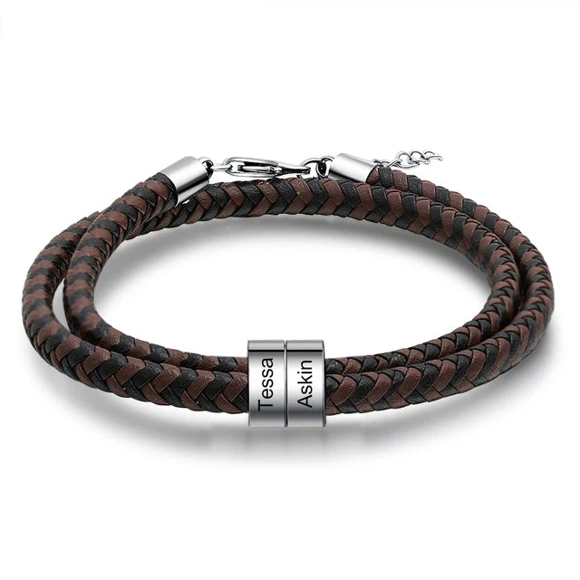 Personalized Engraveable 2-5 Name Black Brown Braided Leather Beads Bracelet - Abrahamallen