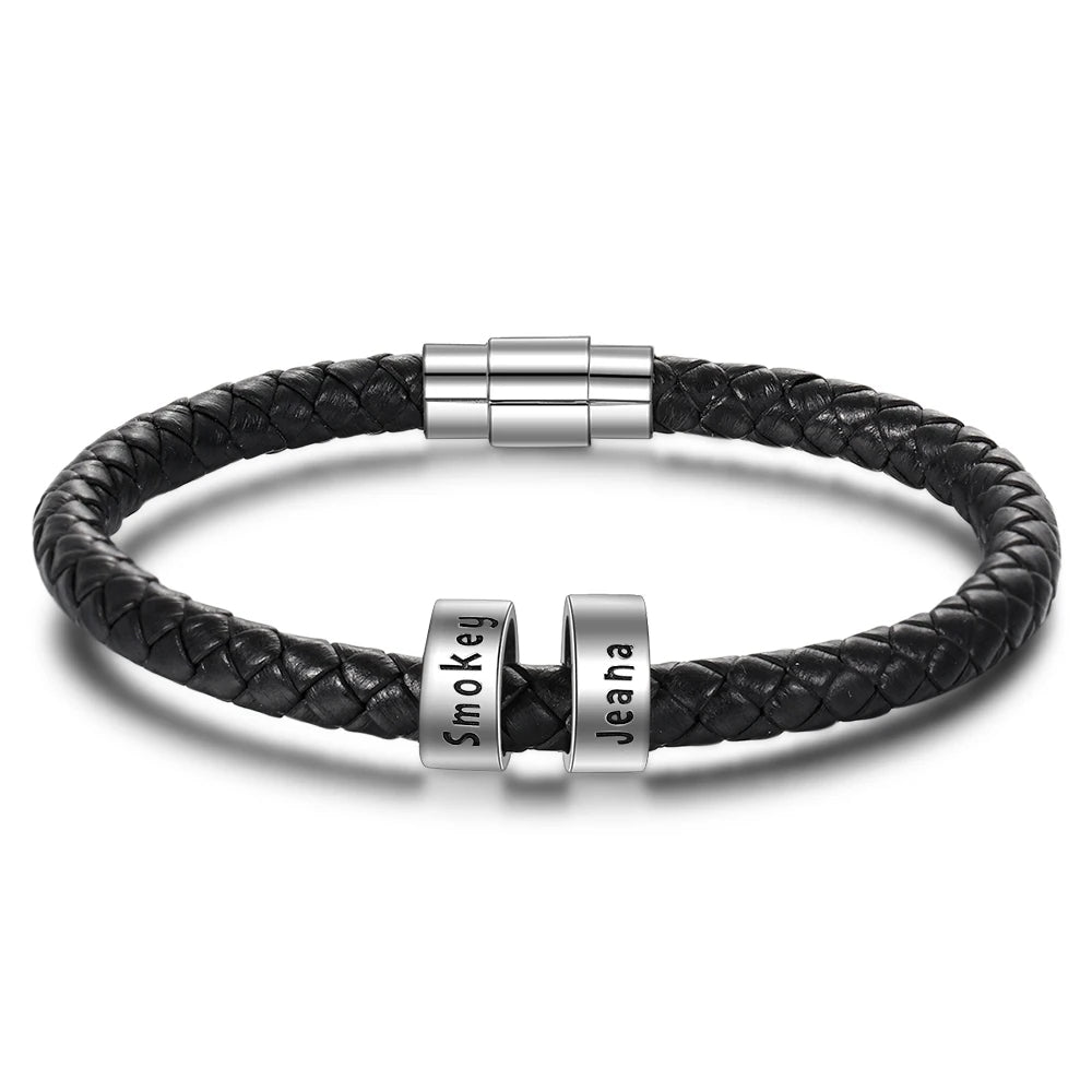 Personalized Family Names Black Rope Magentic BuckleBar Leather Bracelets - Abrahamallen