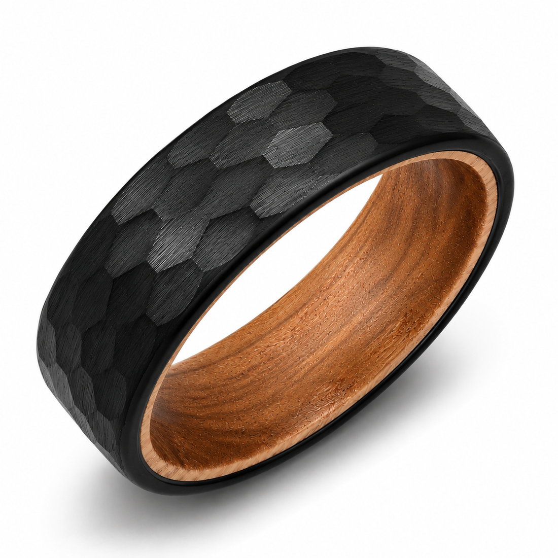 The Black Barrel | Hammered Whiskey Barrel Wood Ring