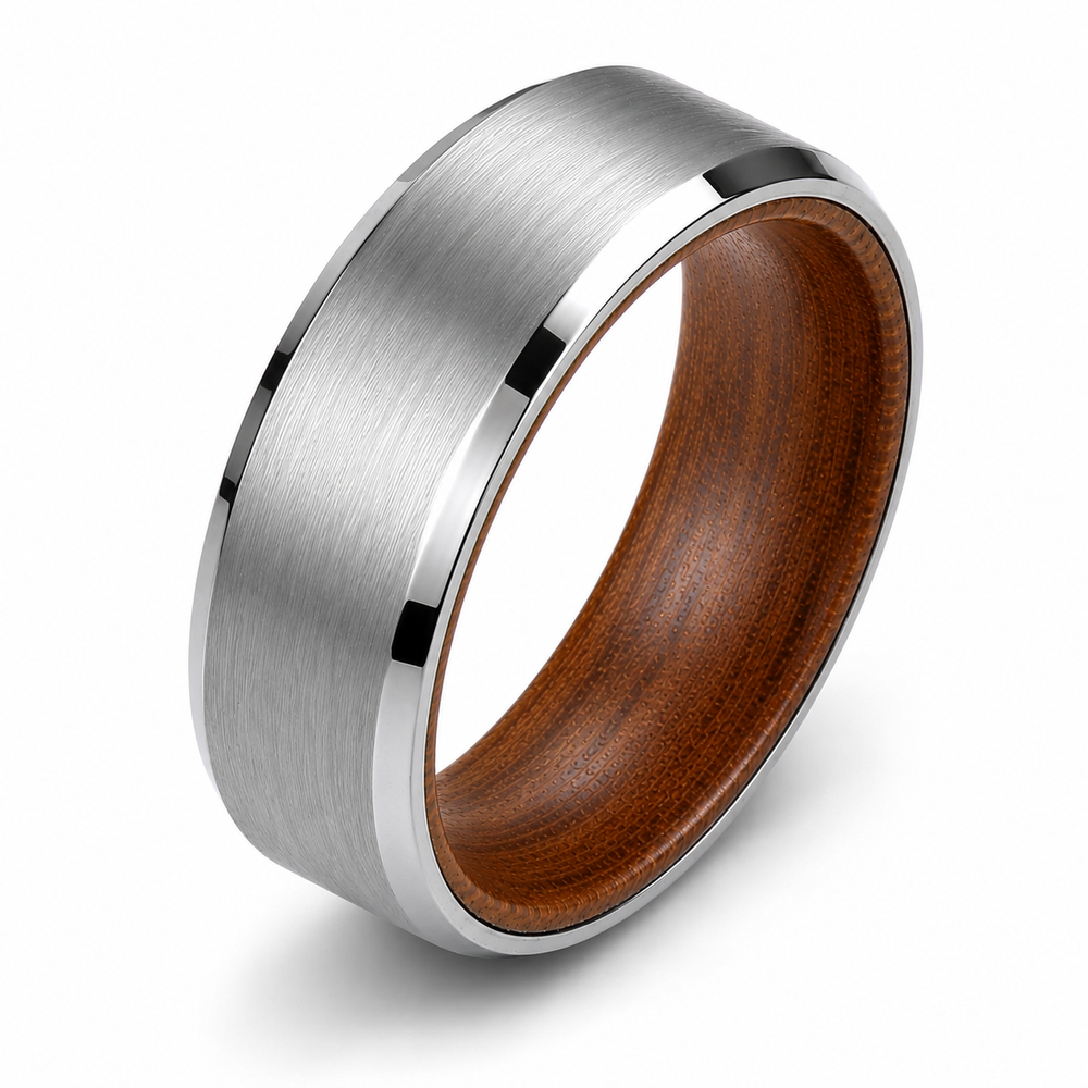 The Cooper | Whiskey Barrel Wood & Brushed Silver Tungsten Ring | 6mm, 8mm