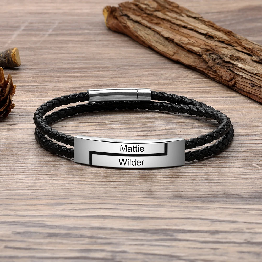 Personalized Engraveable Name Stainless Steel Bar Black Leather Bracelets - Abrahamallen