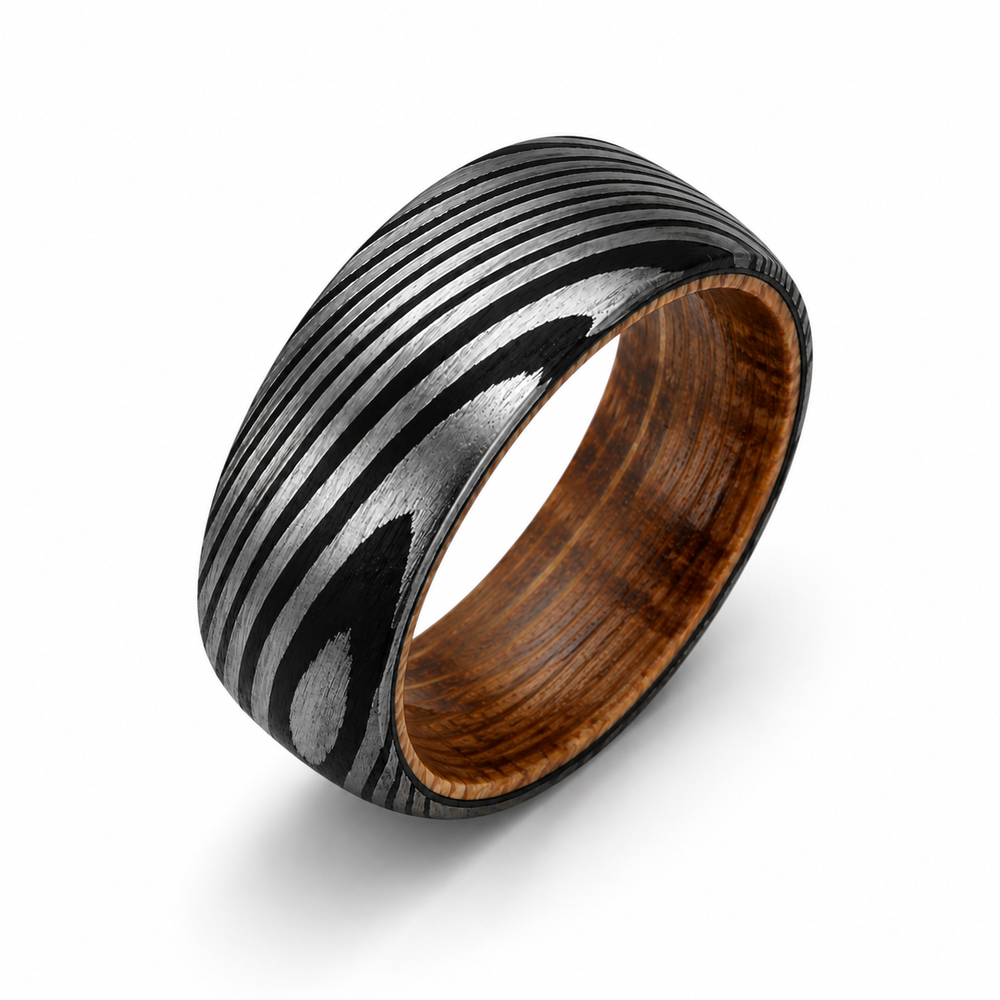 The Iron Oak | Damascus Pattern Ring with Whiskey Barrel Wood Interior | 6mm, 8mm