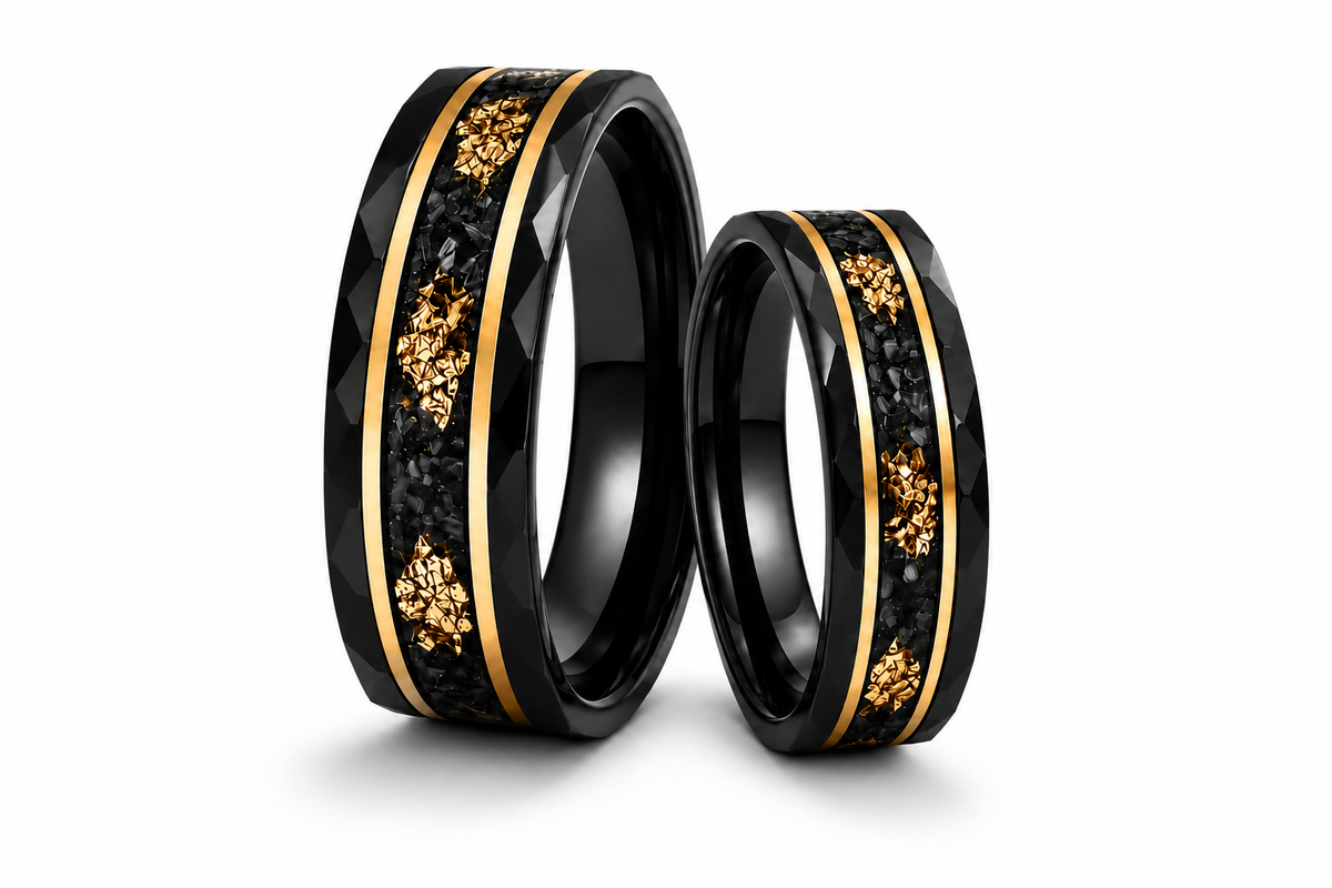 The Dynasty Couples Set | Black Faceted Tungsten Wedding Rings with Genuine Meteorite & 24K Gold Leaf Inlay
