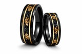 The Dynasty Couples Set | Black Faceted Tungsten Wedding Rings with Genuine Meteorite & 24K Gold Leaf Inlay