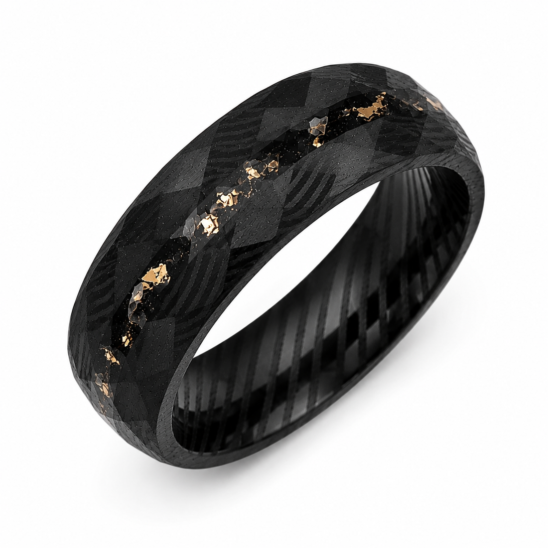 The Imperial Ember | Damascus Ring with Genuine Meteorite & Gold Inlay | 6mm, 8mm