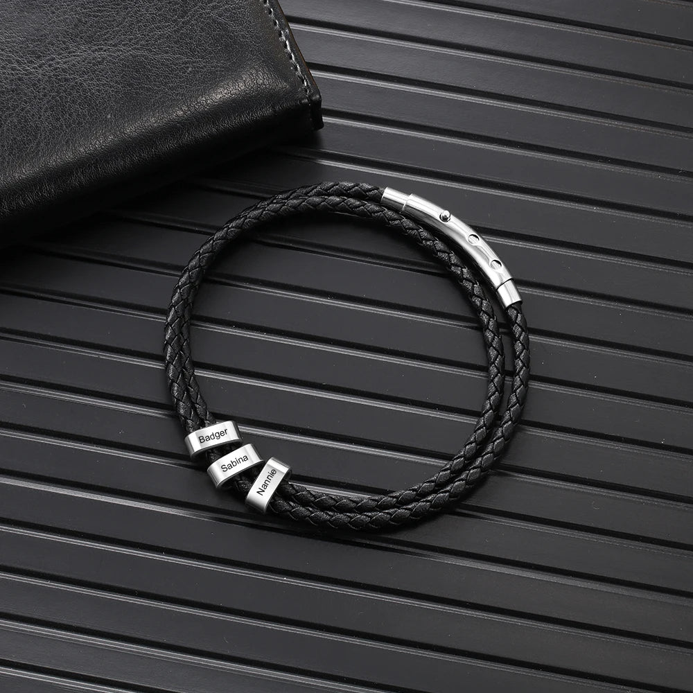 Personalized Engraveable 3 Name Double Rope Stainless Steel Leather Bracelet - Abrahamallen