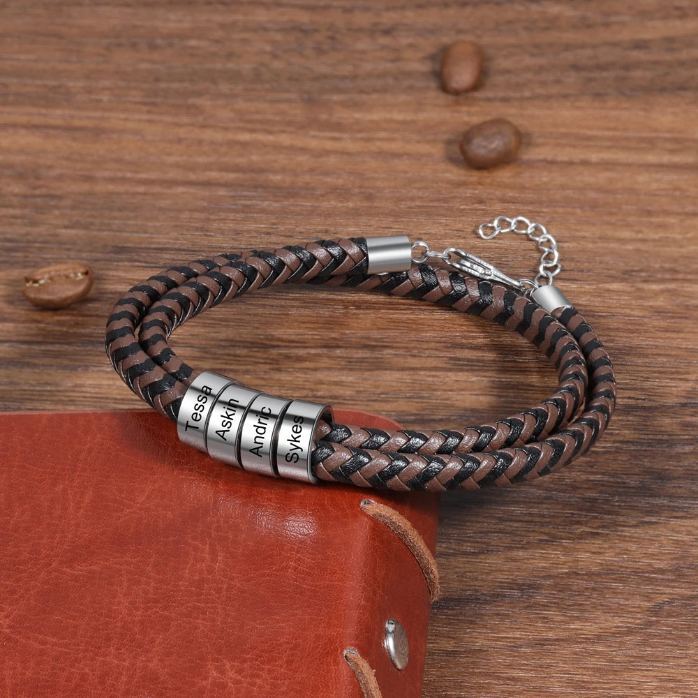 Personalized Engraveable 2-5 Name Black Brown Braided Leather Beads Bracelet - Abrahamallen