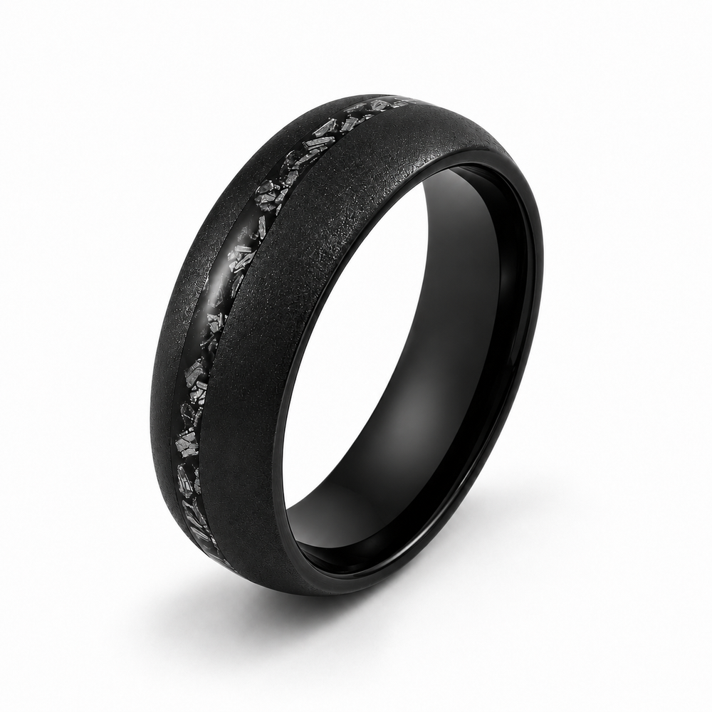 The Astral | Black Tungsten & Crushed Meteorite Inlay Ring | 6mm, 8mm