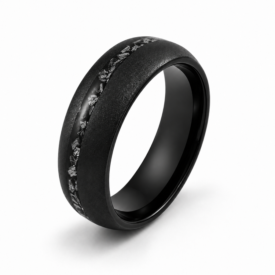 The Astral | Black Tungsten & Crushed Meteorite Inlay Ring | 6mm, 8mm