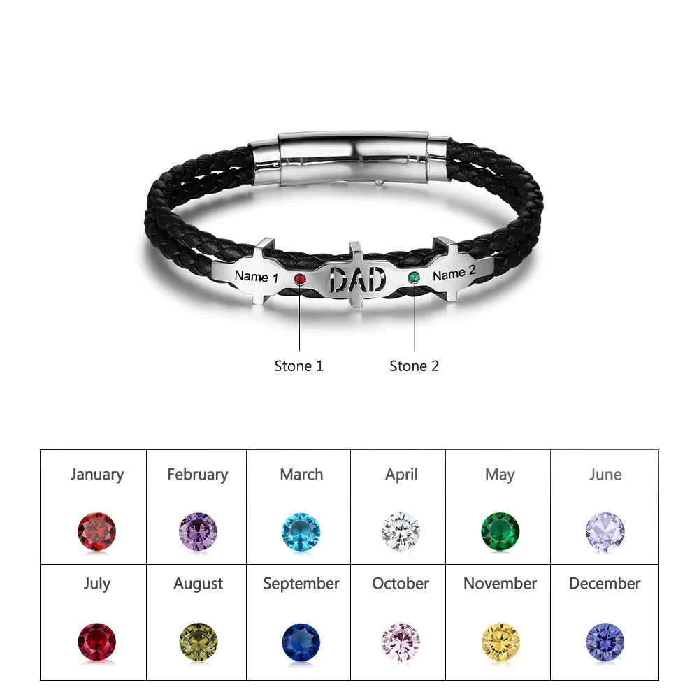 Personalized Designer Engraveable Name with 2 Birthstones Black Leather Bracelets - Abrahamallen