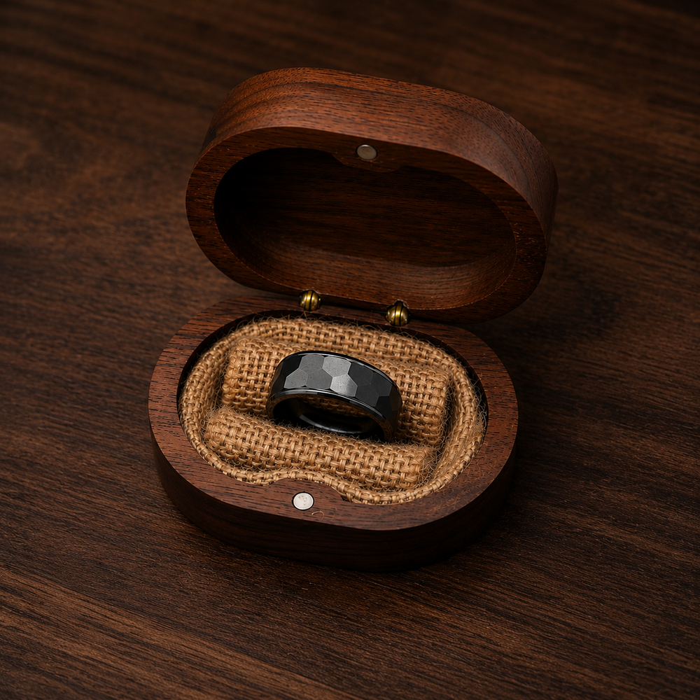 THE BLACKSTONE | Faceted Black Tungsten Wedding Ring