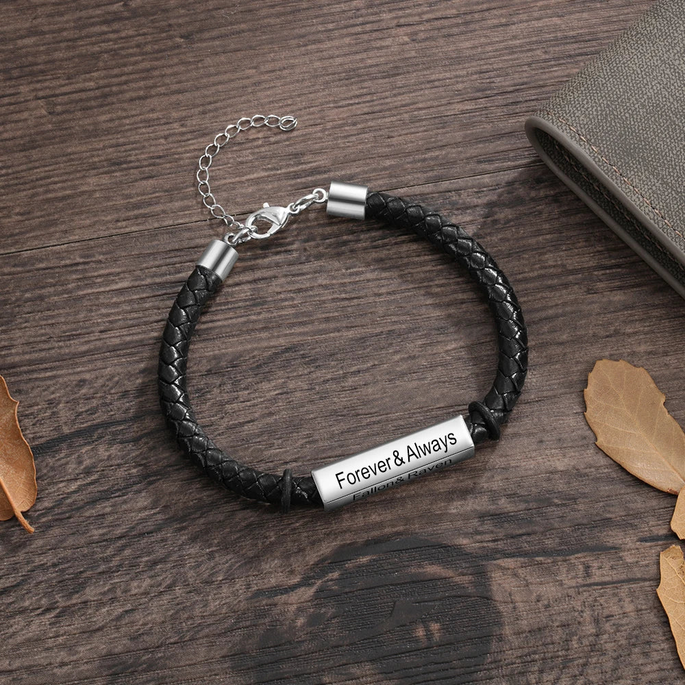 Personalized Engraveable Name Bar 4 Side Black Leather Bracelet - Abrahamallen