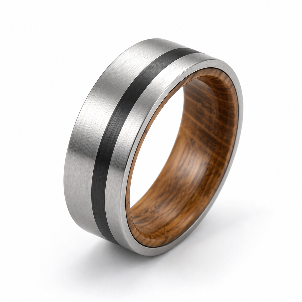 The Gentleman | Silver Whiskey Barrel Wood Ring with Black Inlay | 8mm