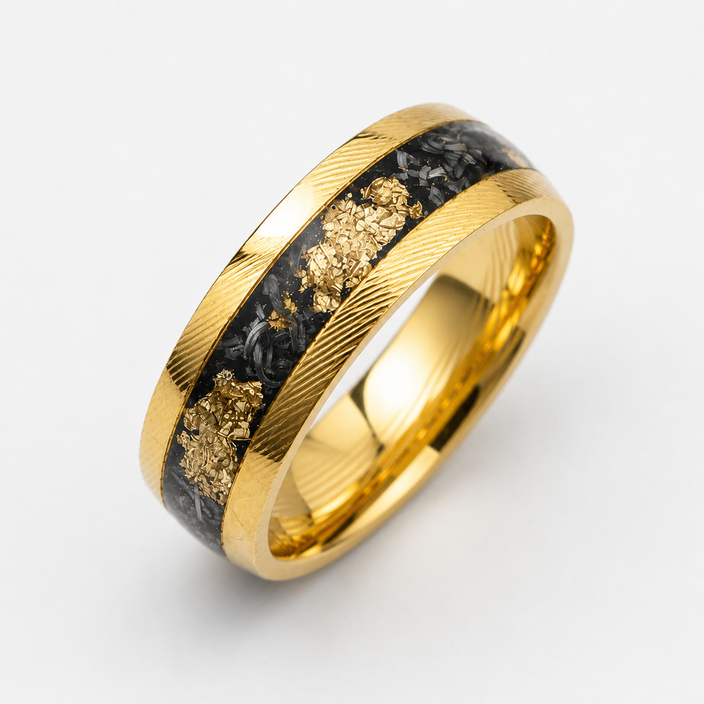 The Sovereign Vein | Damascus Ring with Genuine Meteorite & Gold Flakes Inlay | 6mm, 8mm