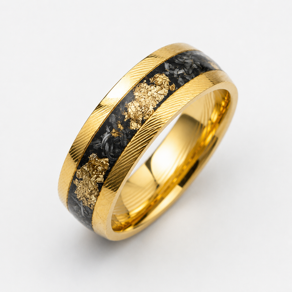 The Sovereign Vein | Damascus Ring with Genuine Meteorite & Gold Flakes Inlay | 6mm, 8mm