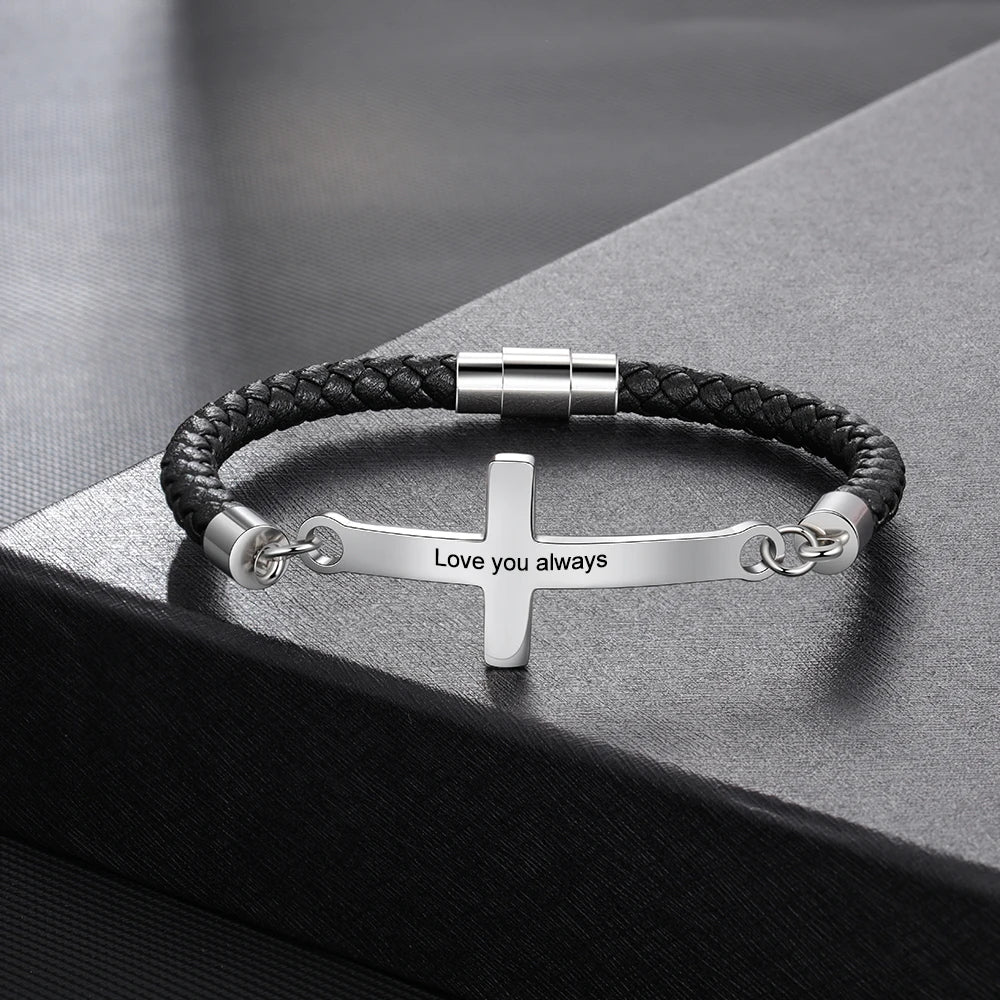 Personalized Engraveable Cross Name Vintage Black Leather Bracelets - Abrahamallen