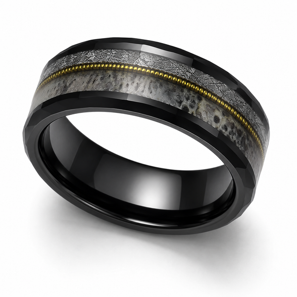 The Marquis | Tungsten Carbide Ring with Gold Guitar String, Genuine Antler Inlay | 8mm