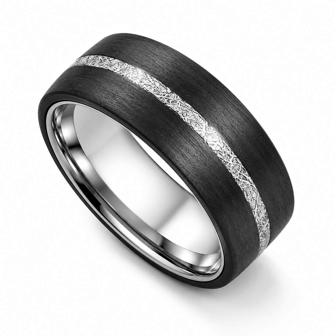 The Noir | Brushed Tungsten Ring with Silver Carbon Inlay | 8mm