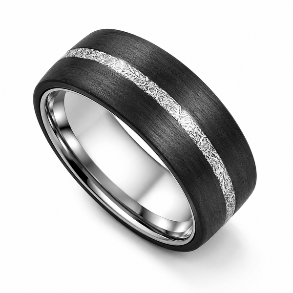 The Noir | Brushed Tungsten Ring with Silver Carbon Inlay | 8mm