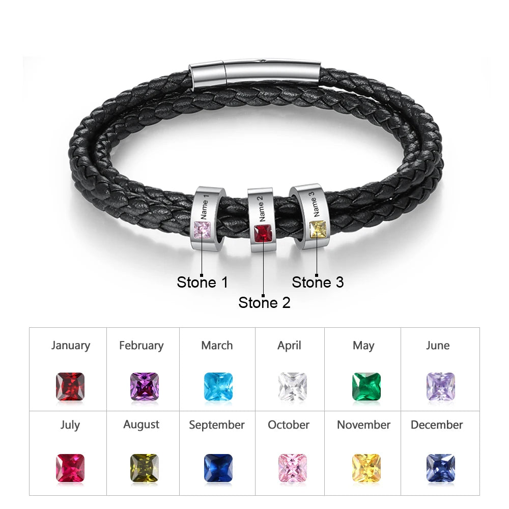 Personalized Engraveable Name Birthstone Black Multilayer Leather Bracelet - Abrahamallen