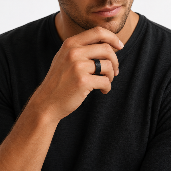 The Black Barrel | Hammered Whiskey Barrel Wood Ring