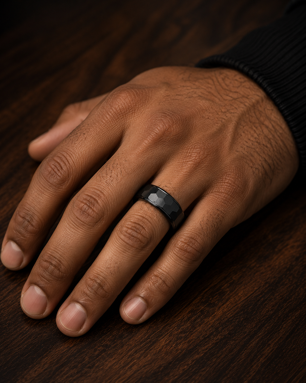 THE BLACKSTONE | Faceted Black Tungsten Wedding Ring