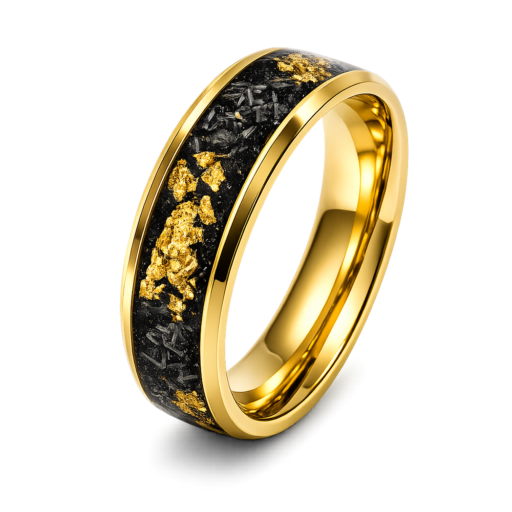 BlackGold Horizon – Black Tungsten Ring with 24K Gold Flake & Carbon Fibre Inlay | 4mm & 8mm