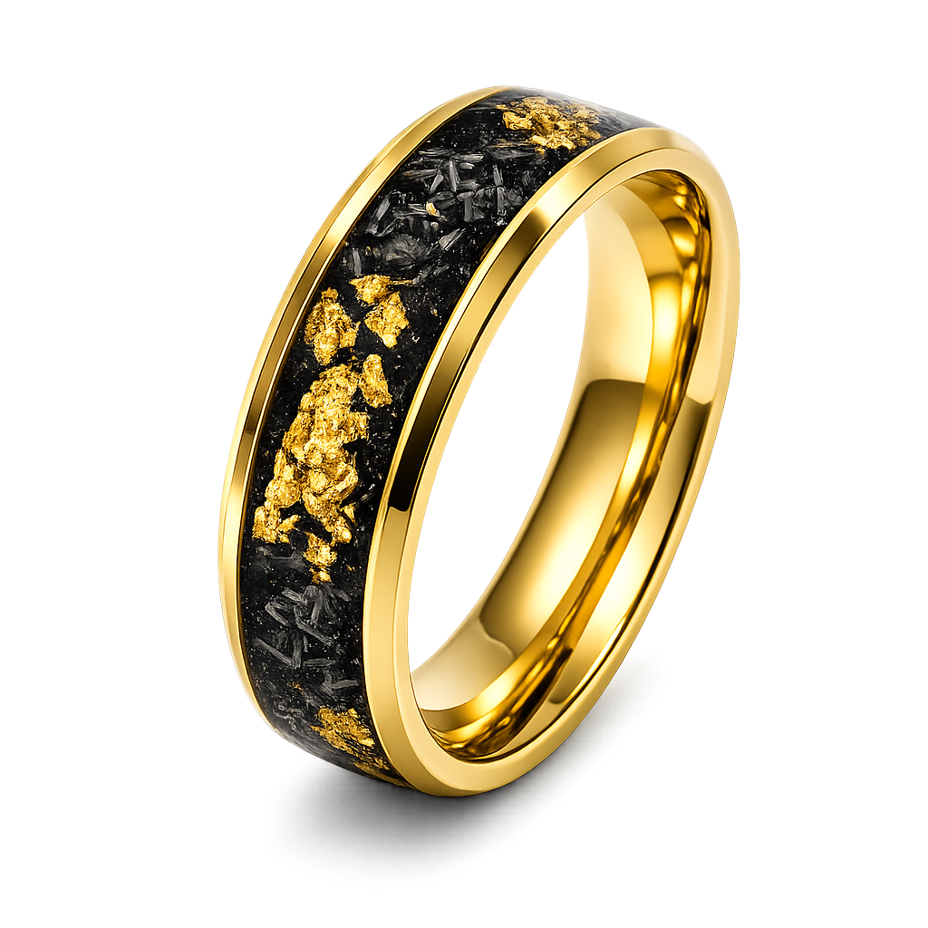 BlackGold Horizon – Black Tungsten Ring with 24K Gold Flake & Carbon Fibre Inlay | 4mm & 8mm