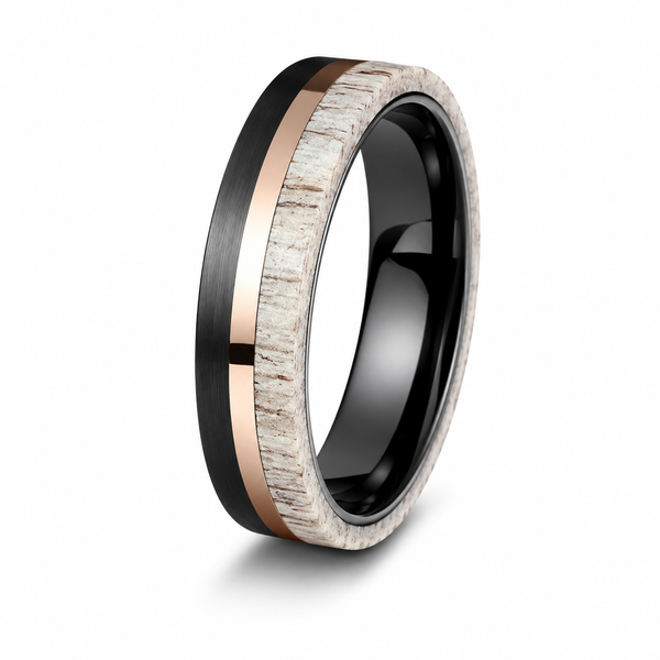 The Oakheart Set | Black Tungsten • Rose Gold • Genuine Antler Inlay | 4mm & 6mm