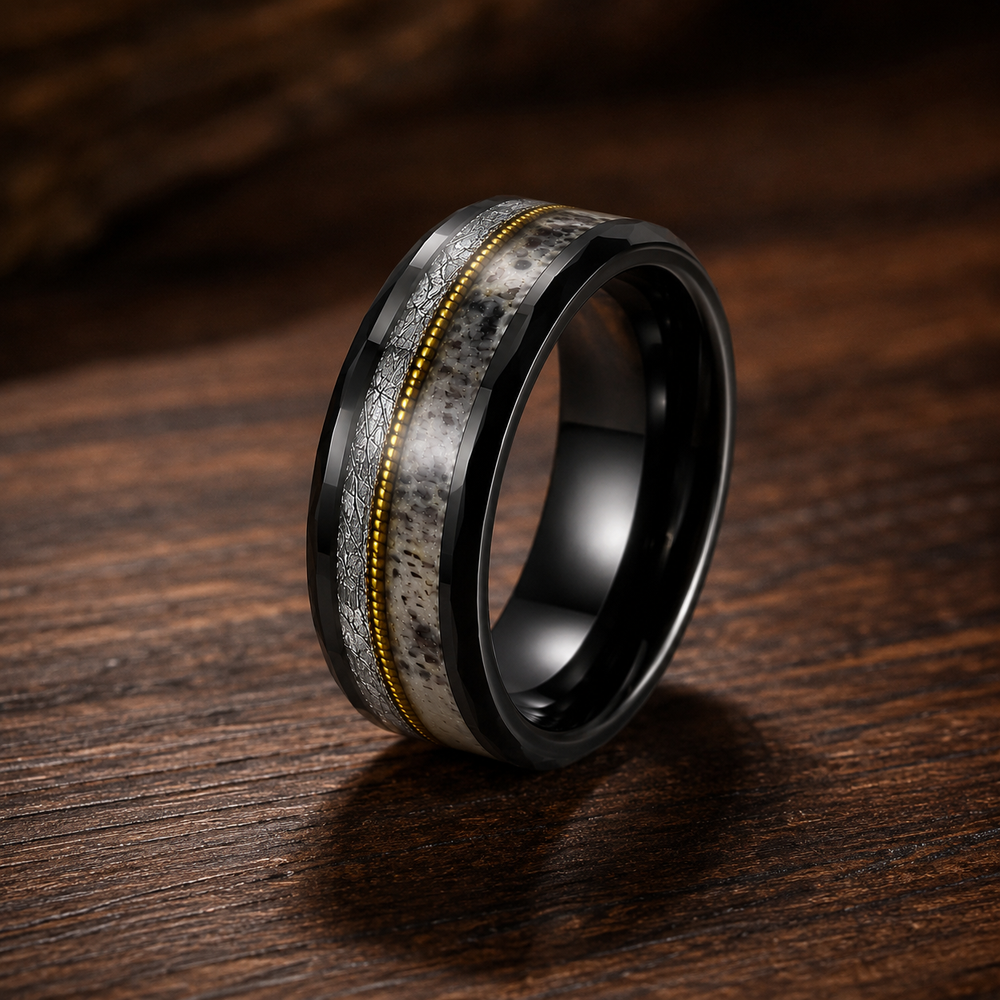 The Marquis | Tungsten Carbide Ring with Gold Guitar String, Genuine Antler Inlay | 8mm