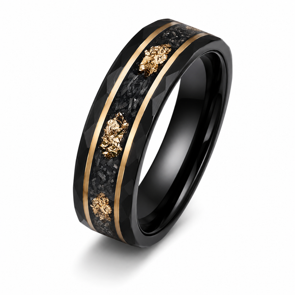 The Dynasty Couples Set | Black Faceted Tungsten Wedding Rings with Genuine Meteorite & 24K Gold Leaf Inlay