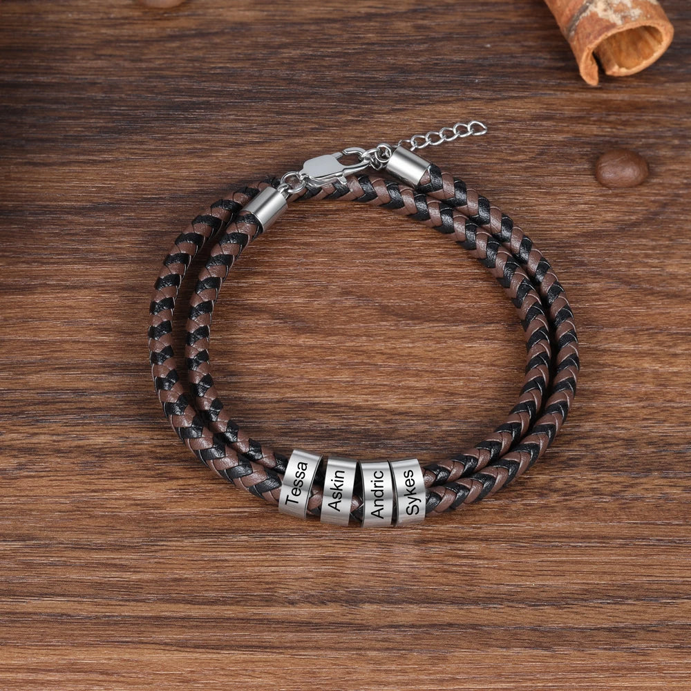 Personalized Engraveable 2-5 Name Black Brown Braided Leather Beads Bracelet - Abrahamallen