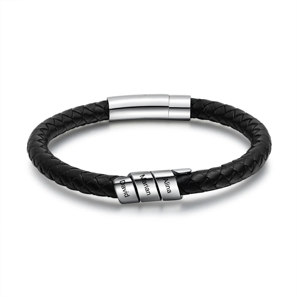 Personalized Engraveable Name stainless Steel Black Leather Bracelet - Abrahamallen