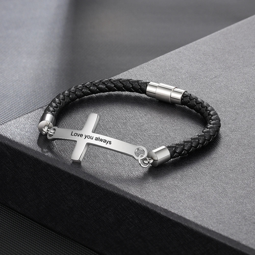 Personalized Engraveable Cross Name Vintage Black Leather Bracelets - Abrahamallen