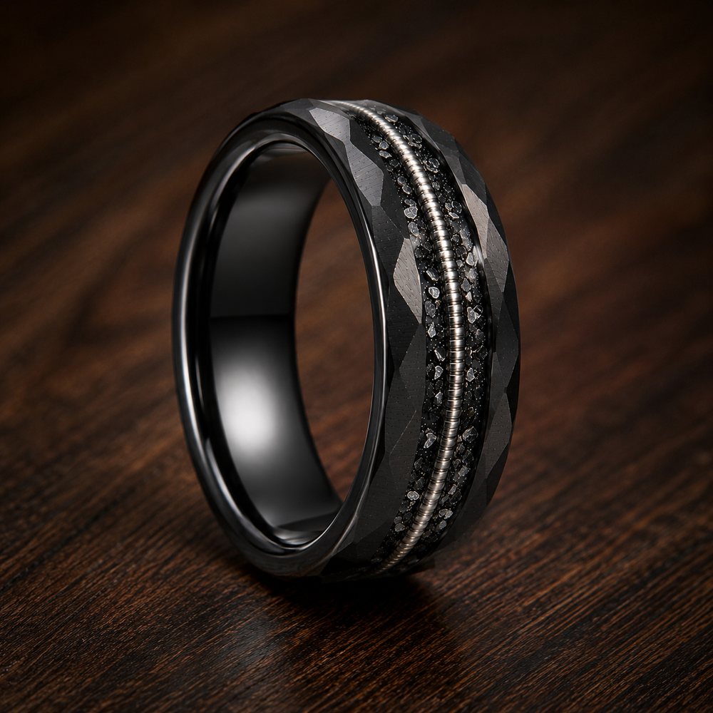 The Onyx | Black Tungsten Wedding Band with Guitar String Inlay, Classic Groove & Hammered Finish | 8mm