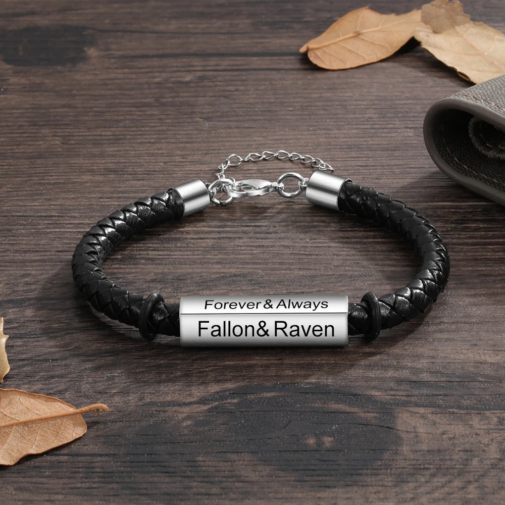 Personalized Engraveable Name Bar 4 Side Black Leather Bracelet - Abrahamallen