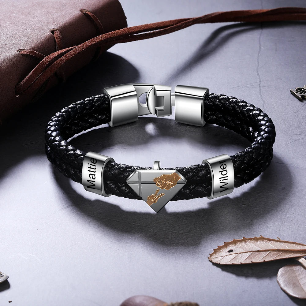 Personalized Designer Engraveable Name Black Braided Leather Bracelet - Abrahamallen