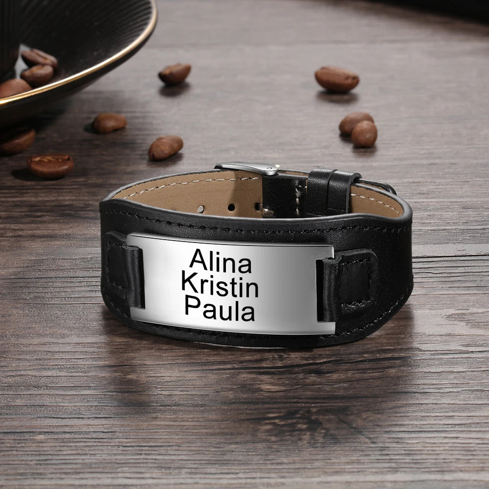 Personalized Stainless Steel ID Wide Black Leather Bracelets - Abrahamallen