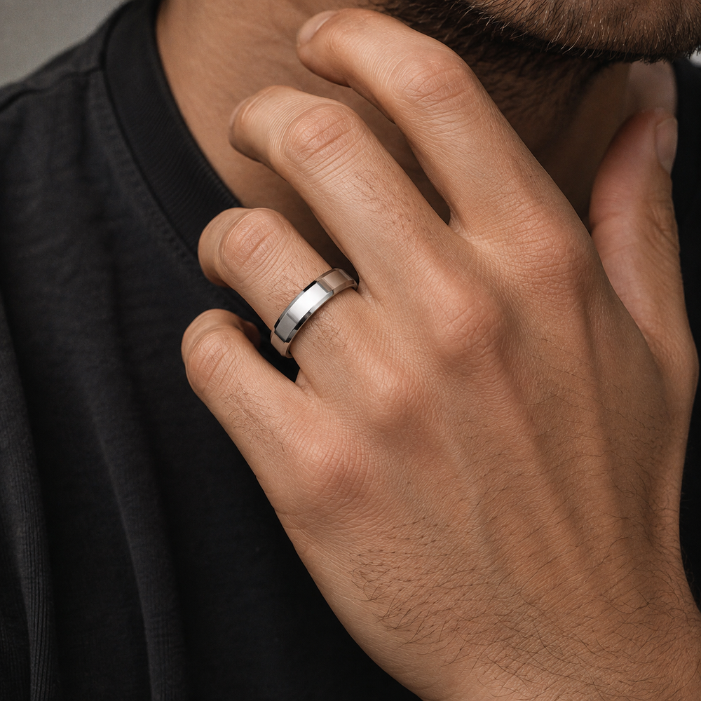 The Apex | Silver Titanium Wedding Ring with Bevelled Edges