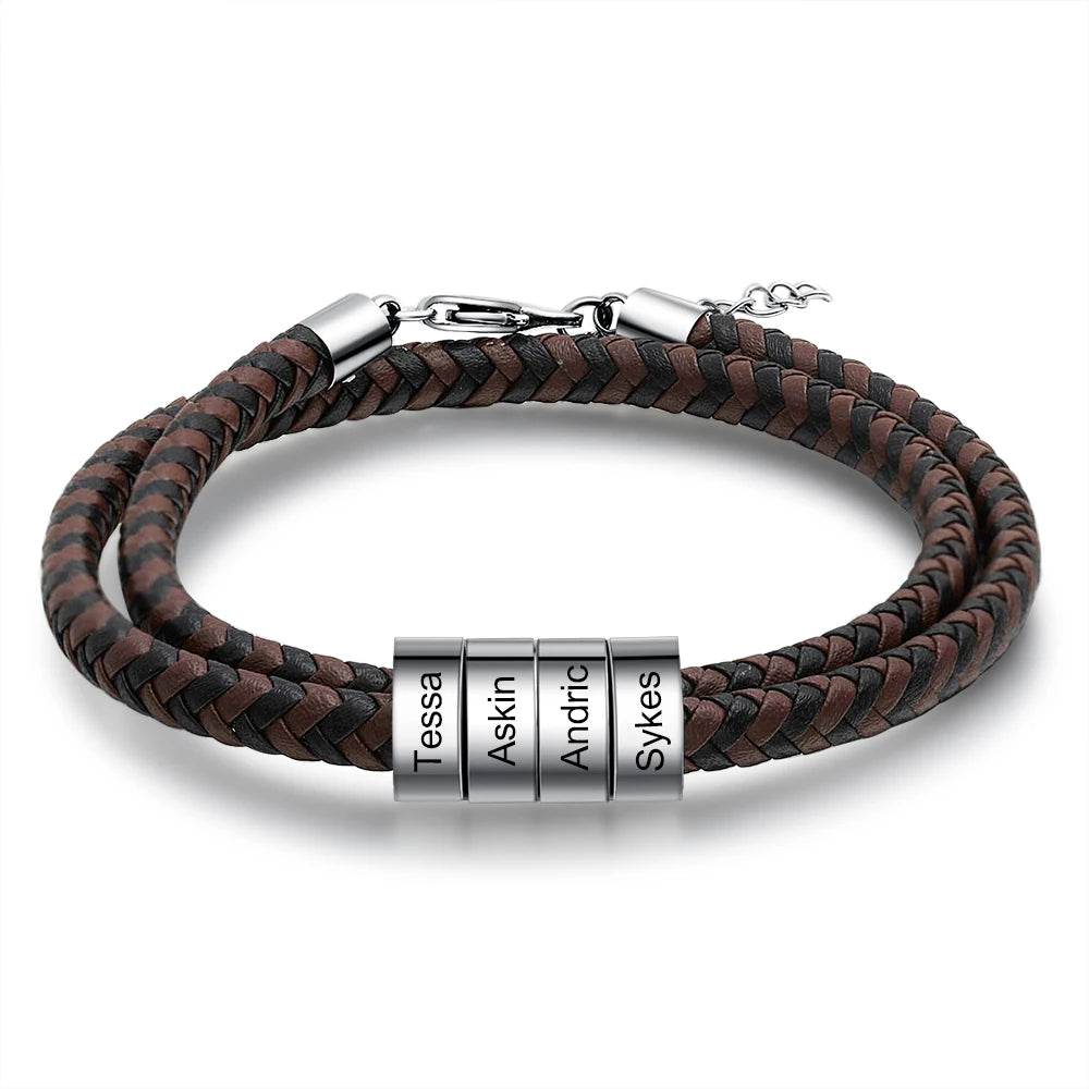 Personalized Engraveable 2-5 Name Black Brown Braided Leather Beads Bracelet - Abrahamallen