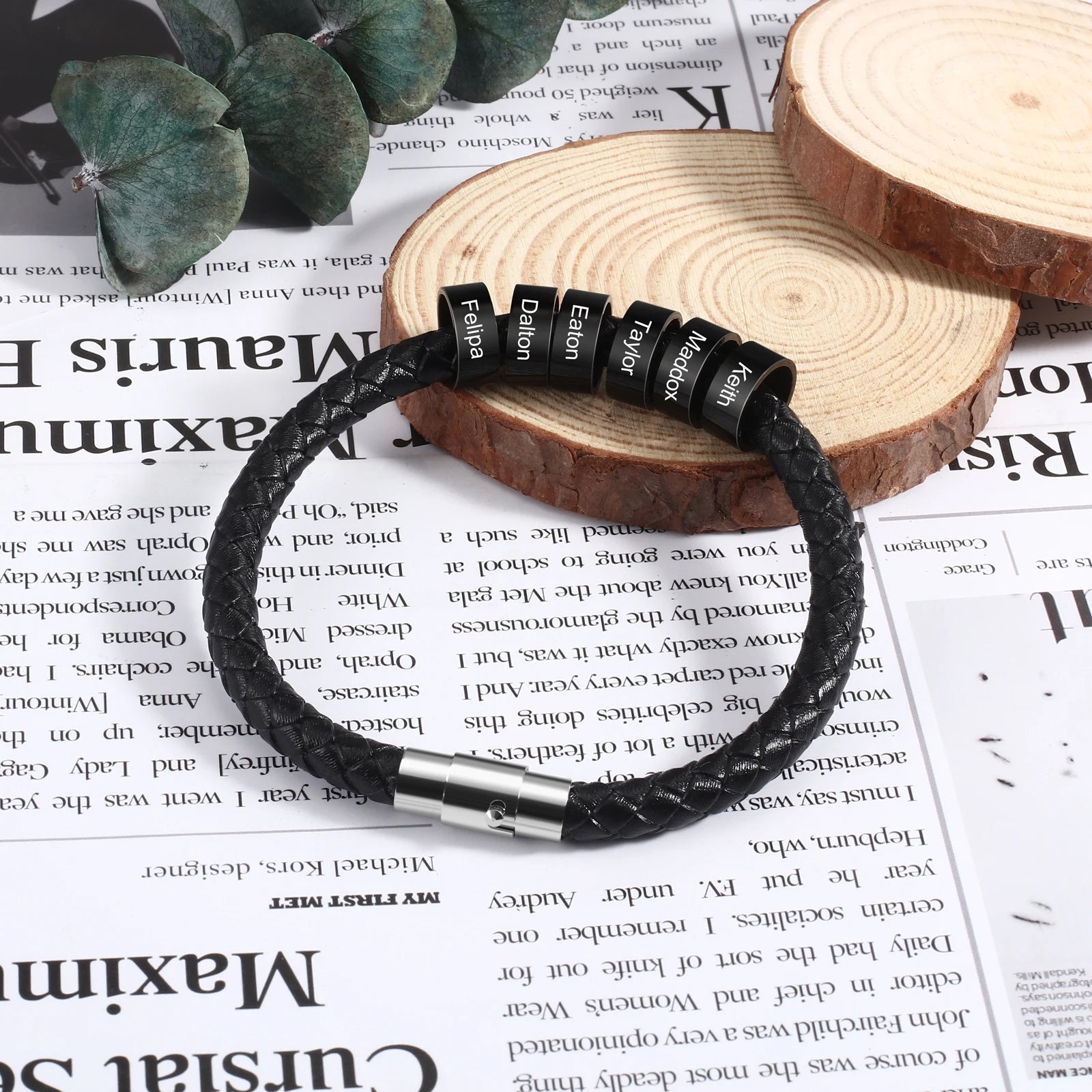 Personalized Family Names Black Rope Magentic BuckleBar Leather Bracelets - Abrahamallen